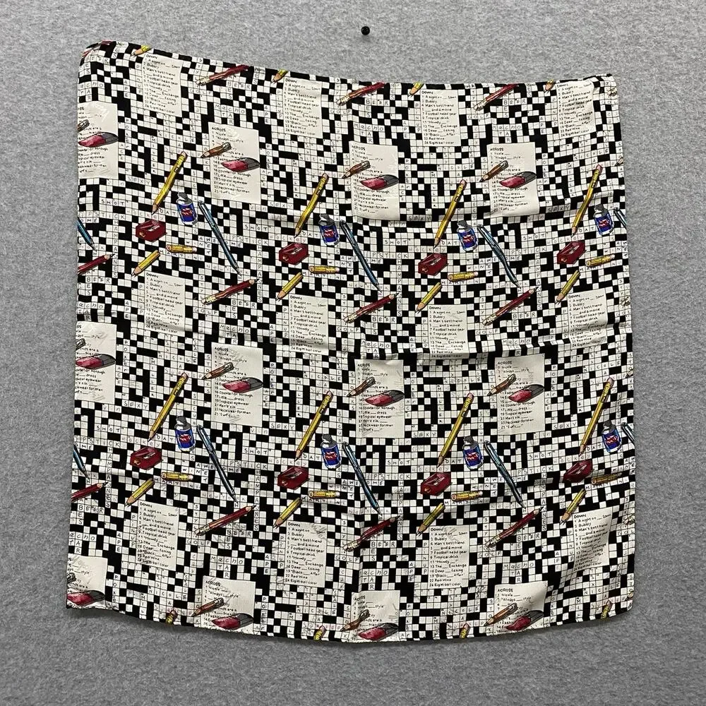 Vintage Nicole Miller 100% Silk Crossword Puzzle Novelty Scarf Teacher Writer